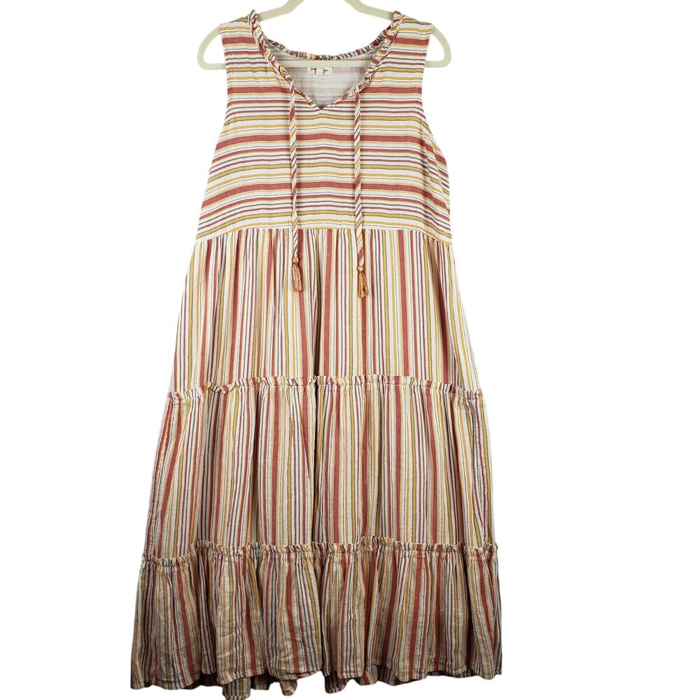 Linda‎ Anderson Women's M Sleeveless Tiered Midi Dress Gold Red Stripe Coastal